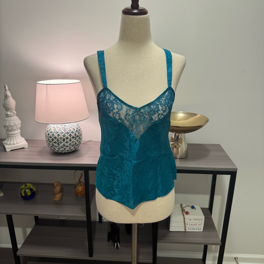 Victoria’s Secret Gold Label Vintage Teal Jacquard Satin & Lace Cami – Size S